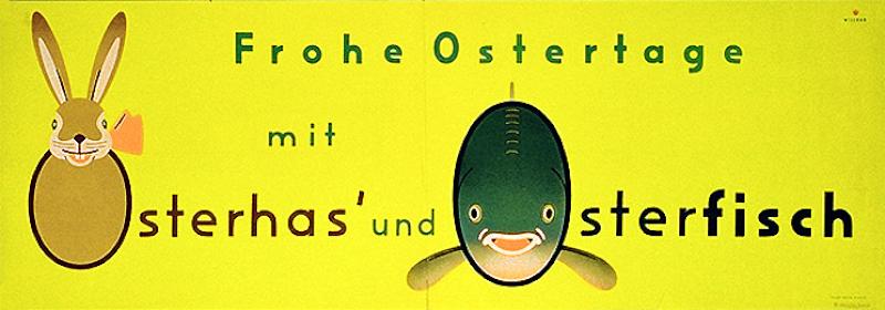 Grüne Grafik mit Text "Frohe Ostertage mit Osterhas und Osterfisch", aus den großen Os wurde ein Hase und Fisch gemalt.