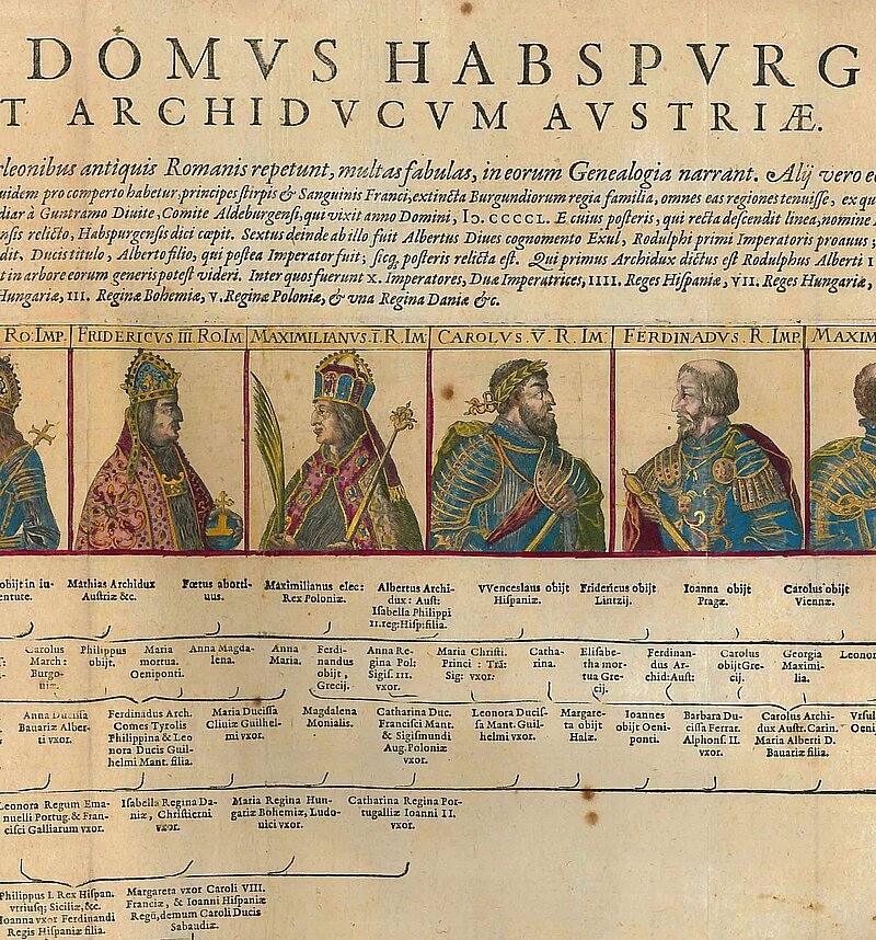 Falttafel mit der Genealogie der Habsburger und zehn prächtig kolorierten Herrscherbildnissen von Rudolph I. bis Rudolph II