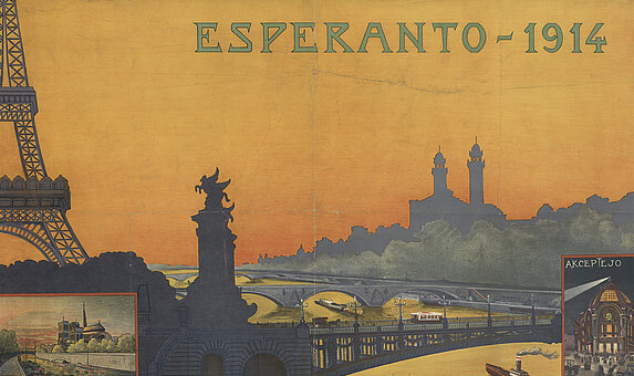 Ein orange-graues Poster mit dem Schriftzug Espsperanto