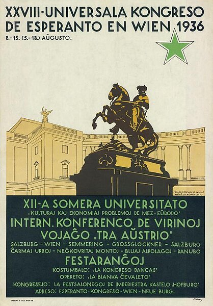 Plakat 28. Esperanto-Weltkongress, Wien 1936, Reiterstandbild am Josefsplatz 
