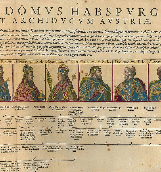 Falttafel mit der Genealogie der Habsburger und zehn prächtig kolorierten Herrscherbildnissen von Rudolph I. bis Rudolph II