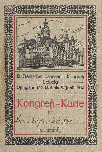 Karte mit Zeichnung von Haus, Bordüre und roter Schrift
