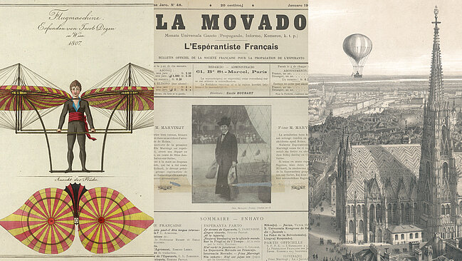 Collage aus drei Bildern nebeneinander die Menschen und Flugmaschinen zeigen.