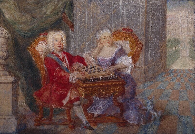 Gemälde von Mann und Frau in opulenten Gewändern beim Schachspielen, rechts im Bild ein kleiner Hund