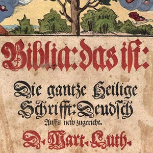 Buchcover mit farbiger Illustration, Luther-Bibel, Text: Die gantze Heilige Schrifft: Deudsch (1544-1545)