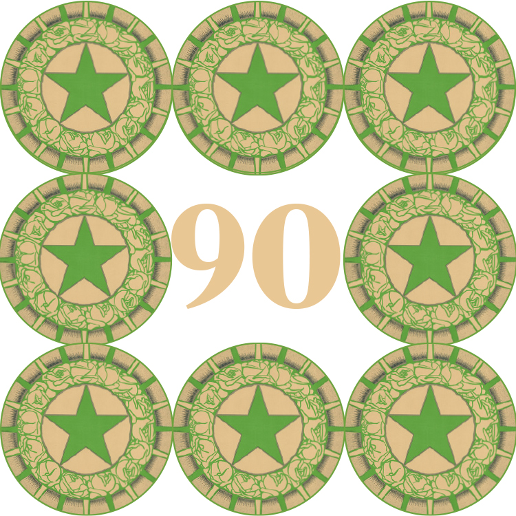 Acht Kreise mit grünen Sternen in der Mitte bilden einen quadratischen Rahmen, und in der Mitte steht die Zahl 90. Die grünen Sterne sind das traditionelle Esperantosymbol
