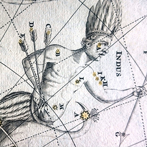 Zeichnung von Mann mit Federn am Kopf, Pfeil und Bogen