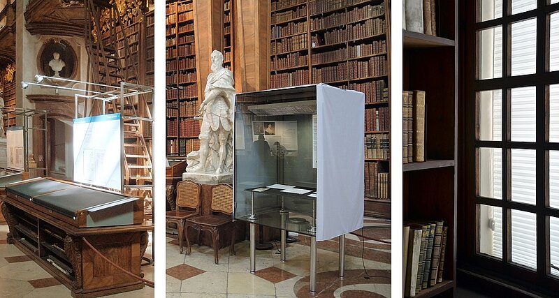 Drei Fotos von Bücherregalen und Vitrinen in Marmorsaal