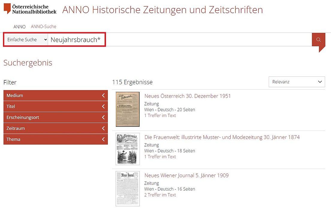 Screenshot einer Website mit Suchergebnissen, die Eingabe im Suchschlitz ist rot markiert.