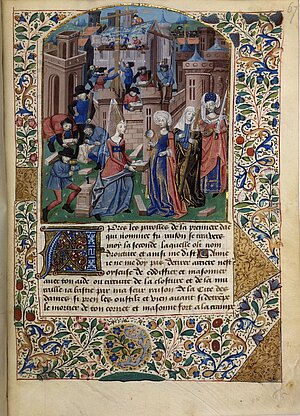 Darstellung Christine de Pisan im Gespräch mit der „Aufrichtigkeit“, der „Vernunft“ und der „Gerechtigkeit“, dahinter wird an der Cité des Dames gebaut