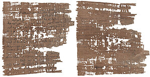 Gegenüberstellung. Links: Arabischer amtlicher Brief. A: P. 8386 rekto, unpubliziert (Mittelägypten 8. Jh. n. Chr.)  Rechts: Schreibübung, arabisch-griechisch A: P. 8386 verso, unpubliziert (Mittelägypten 8. Jh. n. Chr.