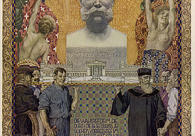 Allegorie auf das 1907 erlassene allgemeine, gleiche und direkte Männerwahlrecht; Lithografie nach einer Vorlage von Erwin Puchinger (1908)