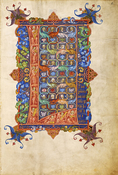 Mittelalterliche, bunte Illustration mit vielen Menschenköpfen und Blumen