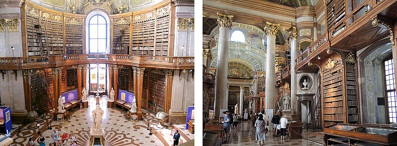 Zwei Fotos von Marmorsaal mit Bücherregalen und Statuen sowie Besucher:innen