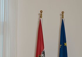 Person mit langen Haaren sitzt an Tisch, dahinter rot-weiß-rote Flagge und blaue Flagge mit Kreis aus gelben Sternen.