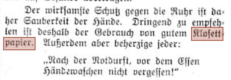 Zeitungsartikel in Frakturschrift, das Wort Klosettpapier ist markiert