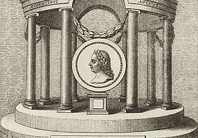 Darstellung eines Tempels mit einem Medaillon des Kaisers Franz Stephan von Lothringen, Kupferstich von Jac. Mercorus, um 1780