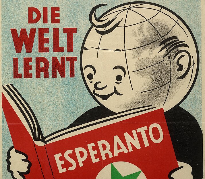 Plakat mit Darstellung einer personifizierten Erdkugel: Die Welt lernt Esperanto, 1930