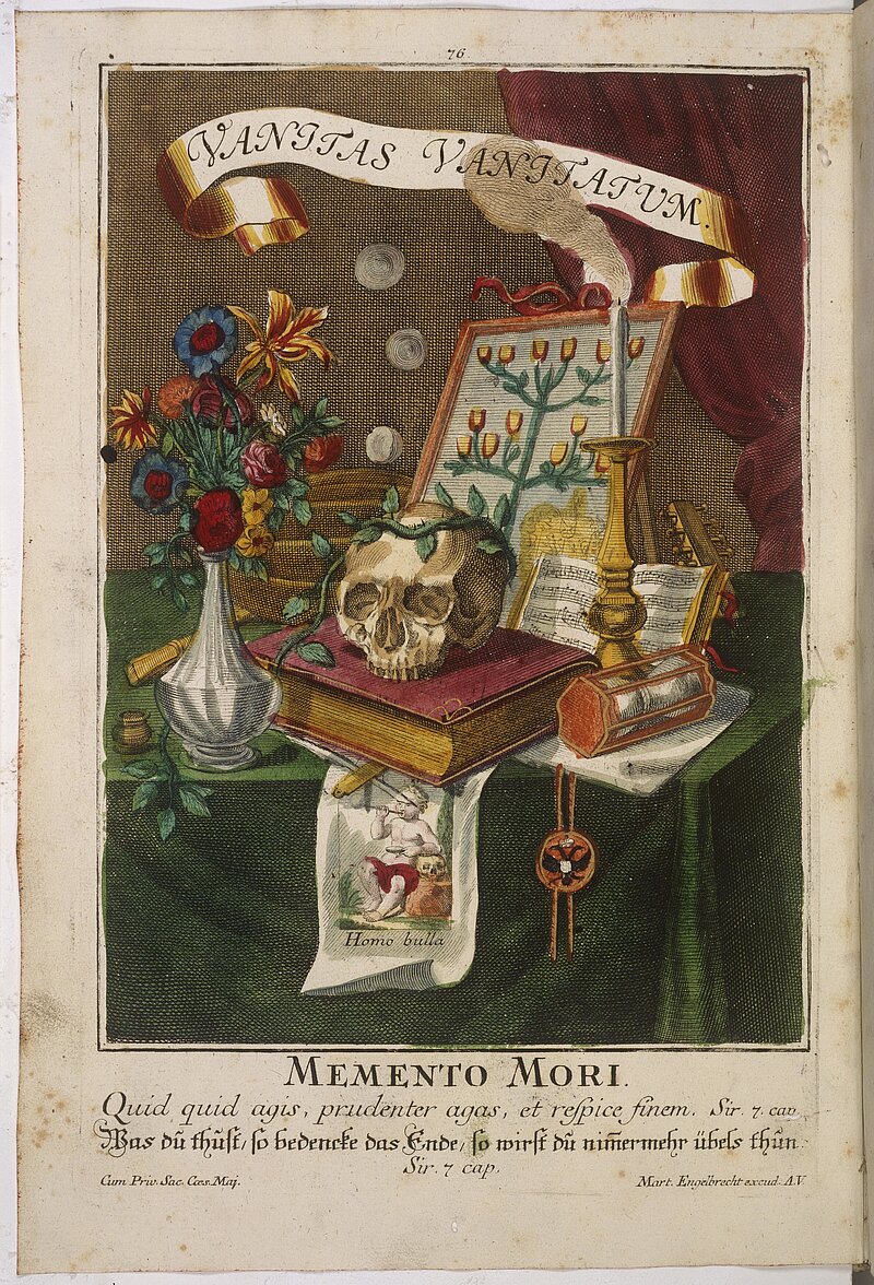 Stillleben: Totenkopf auf Buch, dahinter ein Stammbaum, außerdem ein Blumenstrauß. Darüber ein Banner auf dem steht: "VANITAS VANITATUM"