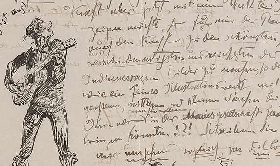 Handschrift mit Zeichnung eines singenden Barden mit Gitarre.