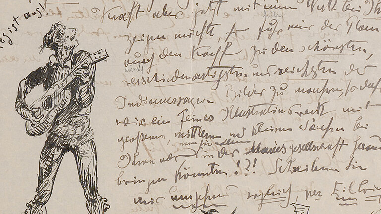 Handschrift mit Zeichnung eines singenden Barden mit Gitarre.