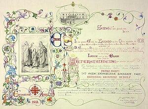 Diplom des Österreichischen Pilgerhauses zur Heiligen Familie in Jerusalem anlässlich des Besuches von Kronprinz Rudolf, Bleistiftzeichnung und Kalligraphie, ausgestellt am 1.4.1881
