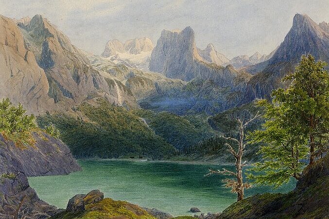 Zeichnung von einem See inmitten von Bergen.