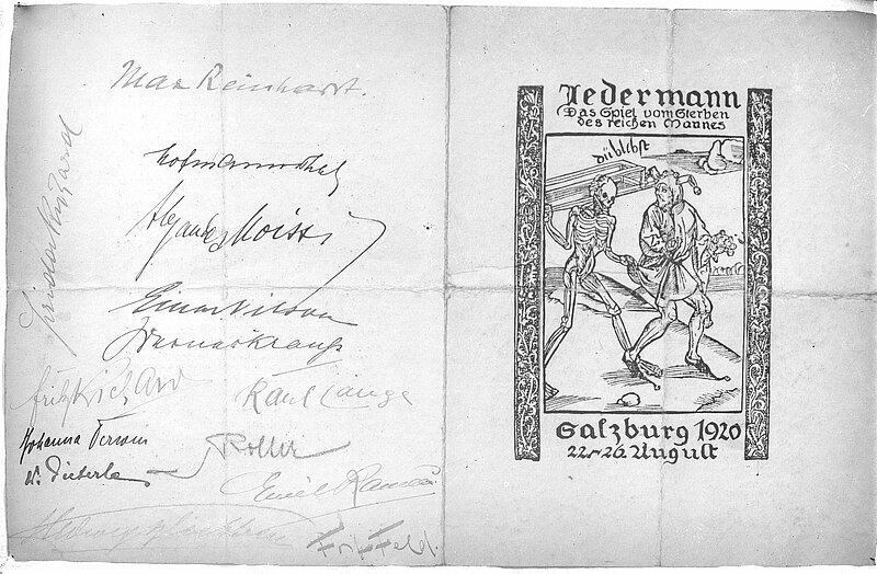 Zeichnung von einem Skelett und einem Narren, daneben Autogramme