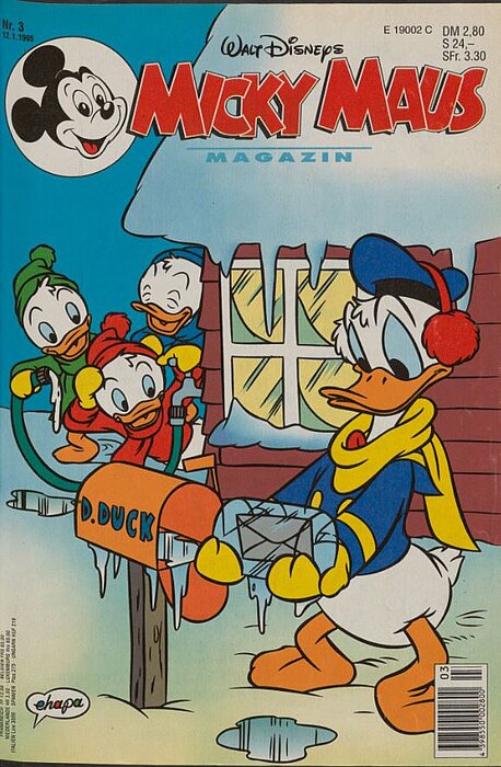 Titelblatt eines Micky Maus Magazins, eine Ente holt einen eingefrorenen Brief aus einem Briefkasten