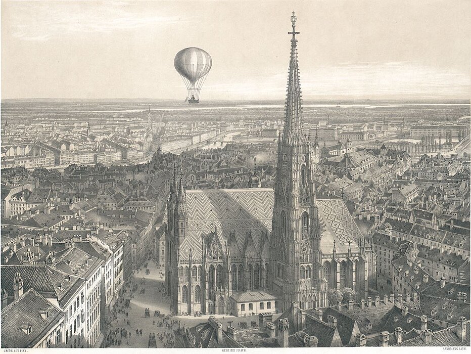 Zeichnung eines Heißluftballons neben einem Kirchturm.