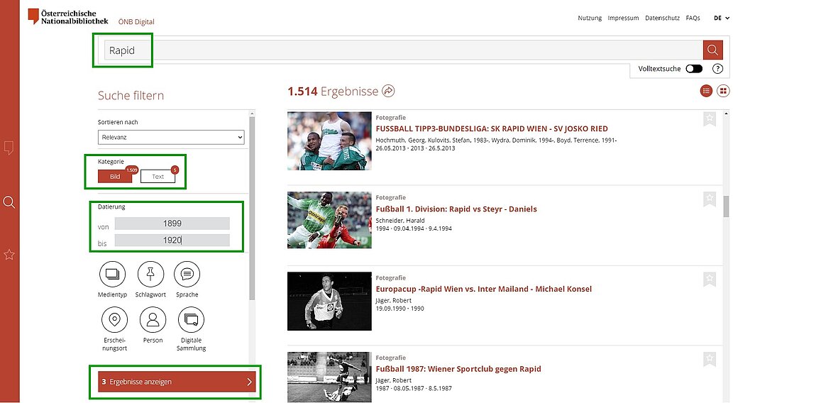 Screenshot von Website Suchergebnisse