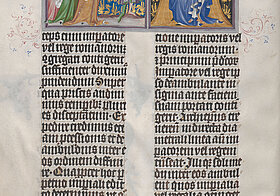 Buchseite aus mittelalterlichem Buch mit zwei Texten und einer Illustration von König und vielen Frauen.