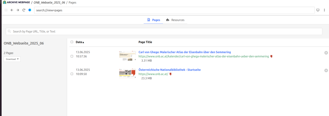 Screenshot von Website, die zwei archivierte Websites anzeigt.