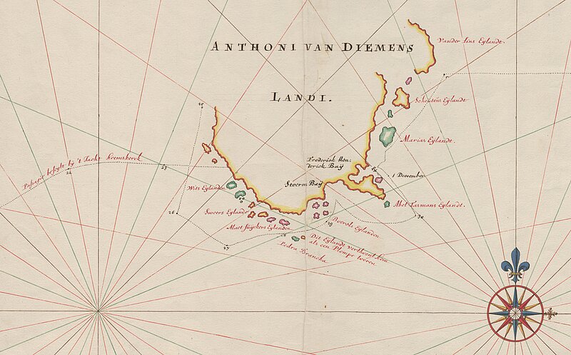 Seekarte mit Küste, beschriftet Antonio Van-Diemens-Land.
