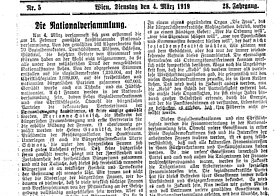 Die Nationalversammlung; aus: Arbeiterinnen-Zeitung, 28. Jg., Nr. 5, 4. März 1919, Seite 1