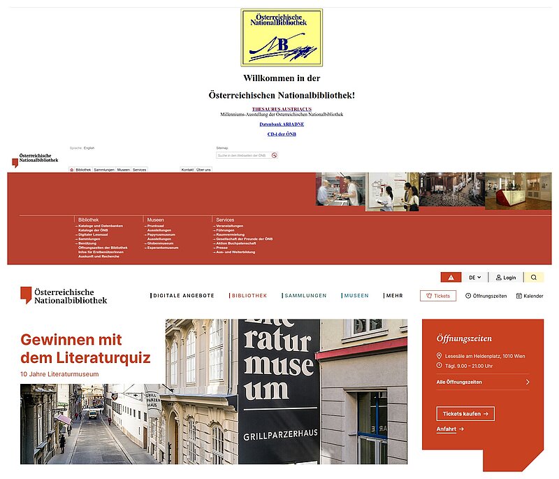 Collage aus drei Screenshots derselben Website über die Jahrzehnte.