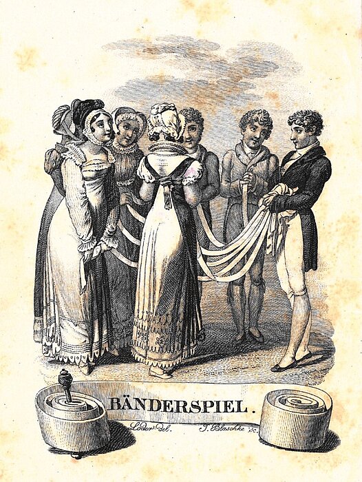 Zeichnung von verschiedenen Menschen in altmodischer Kleidung. Eine Person hält die Enden von vielen Bändern in der Hand, die anderen Personen halten jeweils ein Band-Ende.