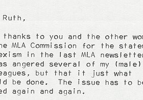 Getippter Brief, der Text lautet: Many thanks to your and the other women of the MLA Commission for the statement on Sexism in the last MLA newsletter. It has angeres several of my (mal) colleagues, that it just what should be done. The issue has to be raised again and again.
