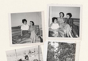 Four black and white photos of women at the beach, on a sofa and underneath a tree