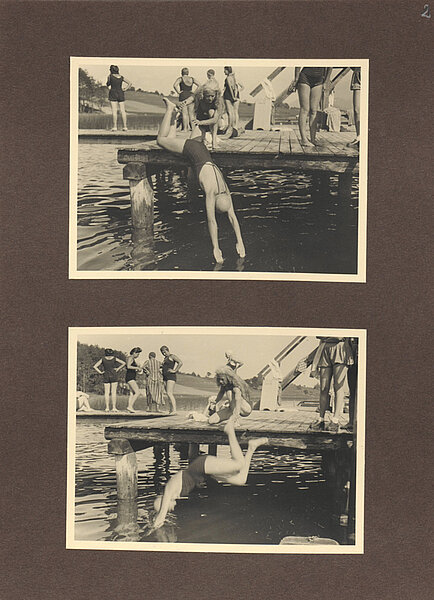 Zwei Fotos von Frau, die in einen See springt