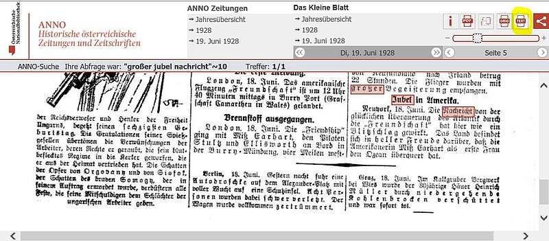 Screenshot ANNO aus einer Zeitung, die Wörter "großer", "Jubel" und "Nachricht" markiert