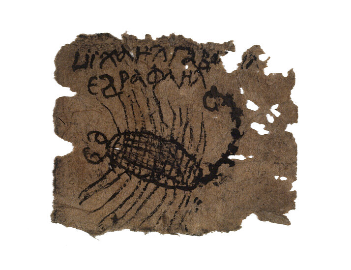 Drawing of a scorpion on a small sheet of paper. It was used as an amulet.