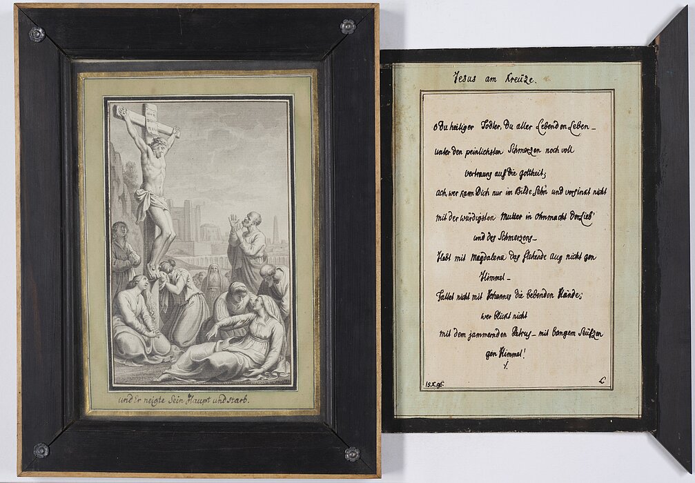 Zeichnung von Jesus am Kreuz mit trauernden, daneben ein handgeschriebener Text.