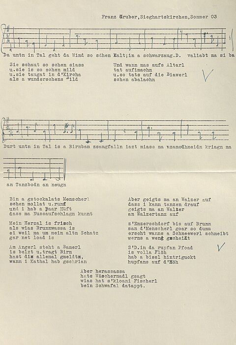 Notenblatt mit getipptem Text.