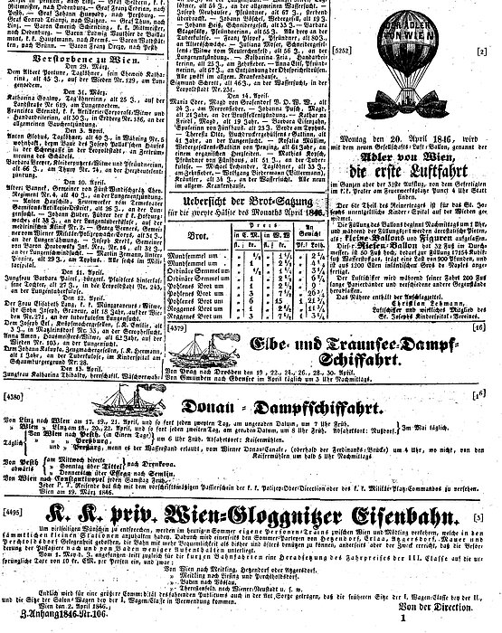 Zeitungsannonce in einer alten Zeitung mit Heißluftballon.
