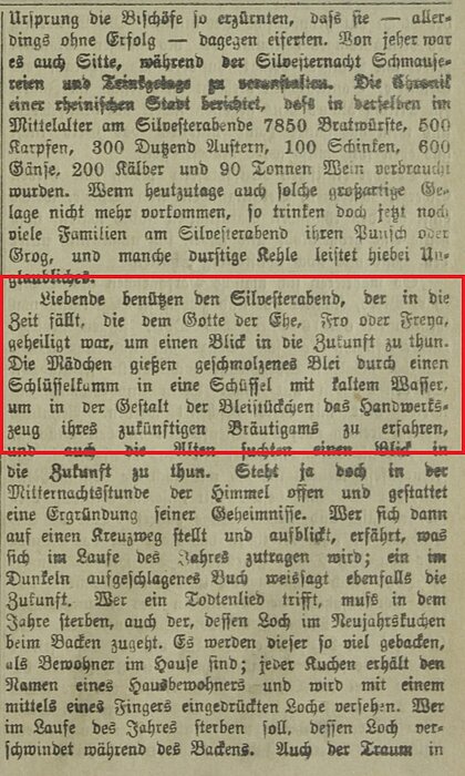 Alter Zeitungsausschnitt in Frakturschrift, ein Teil zu Silvesterbräuchen ist rot markiert.