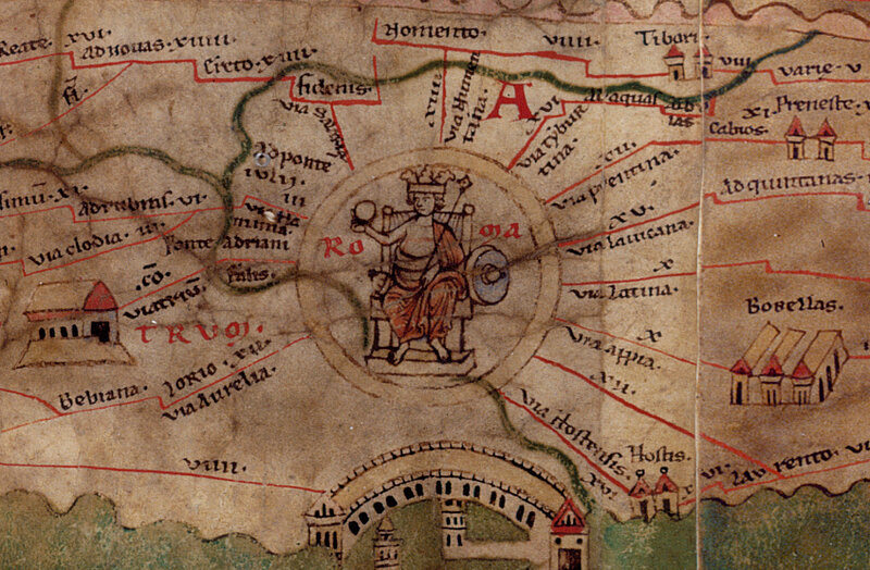 Detailansicht einer alten Karte, in der Mitte sitzt ein Herrscher auf dem Thron, Tabula Peutingeriana, Rom 