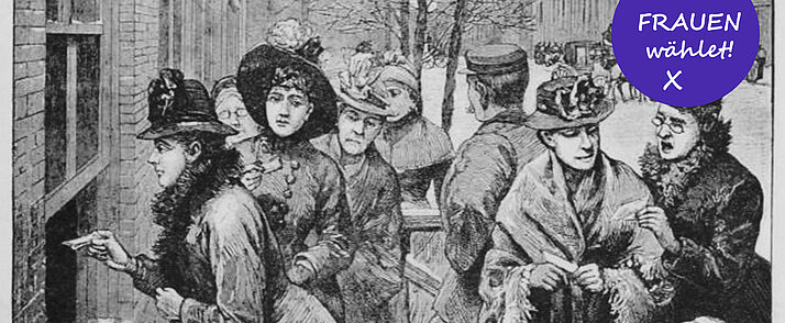 Frauenwahlrecht - Illustration; in: Das interessante Blatt, 7. Jg., Nr. 50, 13. Dezember 1888, Seite 7
