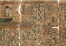 Papyrus mit Zeichnung von Person auf Schiff.