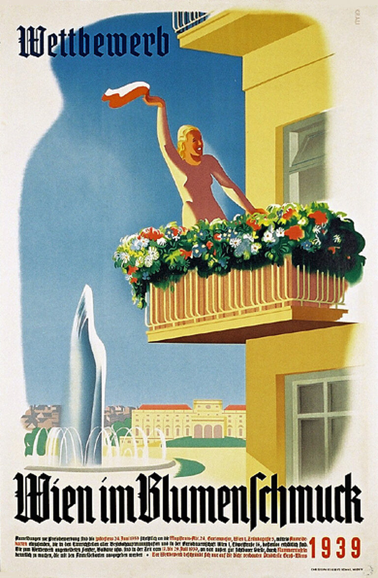Abbildung eines Menschen auf einem Balkon mit der Aufschrift Wettbewerb - Wien im Blumenschmuck aus dem Jahr 1939.